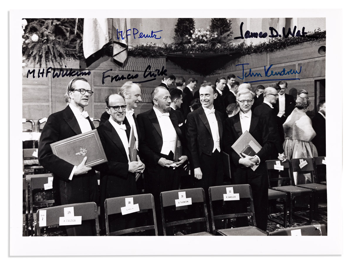 (SCIENTISTS--NOBEL LAUREATES.) Photograph Signed by Francis Crick, James D. Watson, Maurice Wilkins (M H F Wilkins), Max Ferdinand Pe